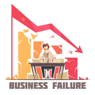 Business failure retro cartoon poster with frustrated businessman sitting in office under descending diagram arrow vector illustration