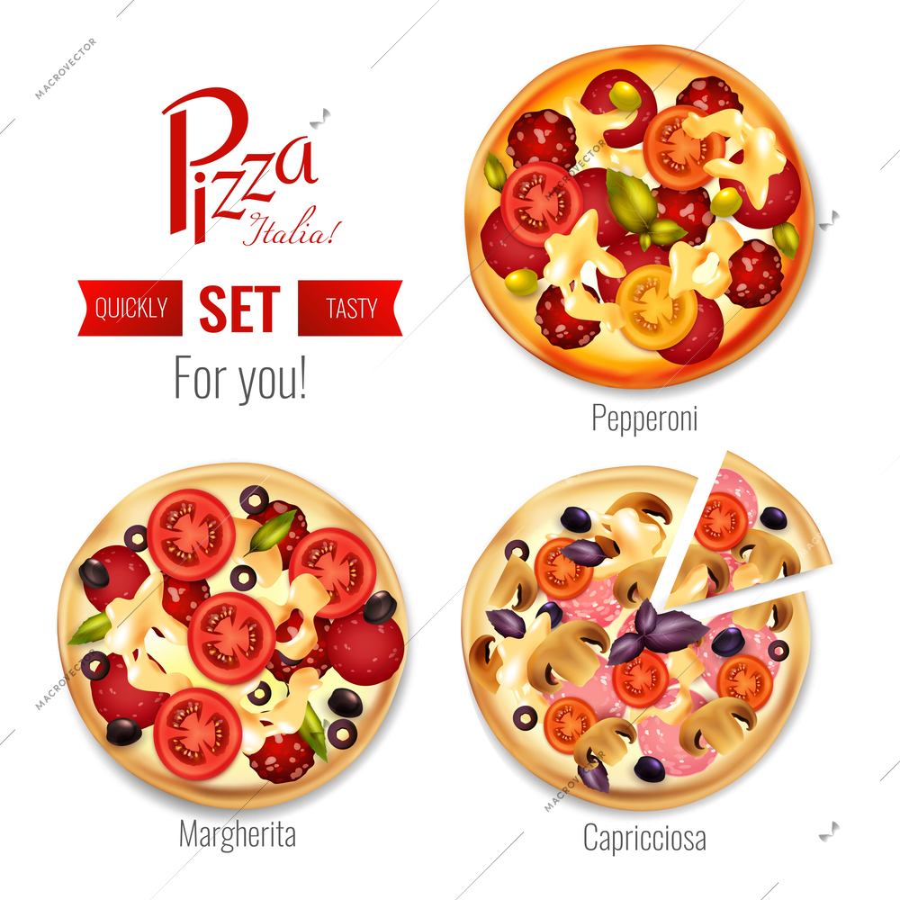 Pizza in assortment set including margherita, pepperoni, capricciosa with tomatoes, olives, basil, mozzarella, salami isolated vector illustration