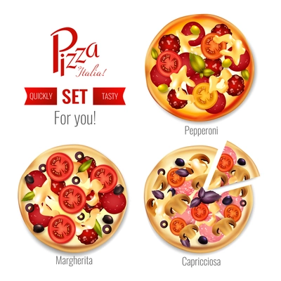 Pizza in assortment set including margherita, pepperoni, capricciosa with tomatoes, olives, basil, mozzarella, salami isolated vector illustration