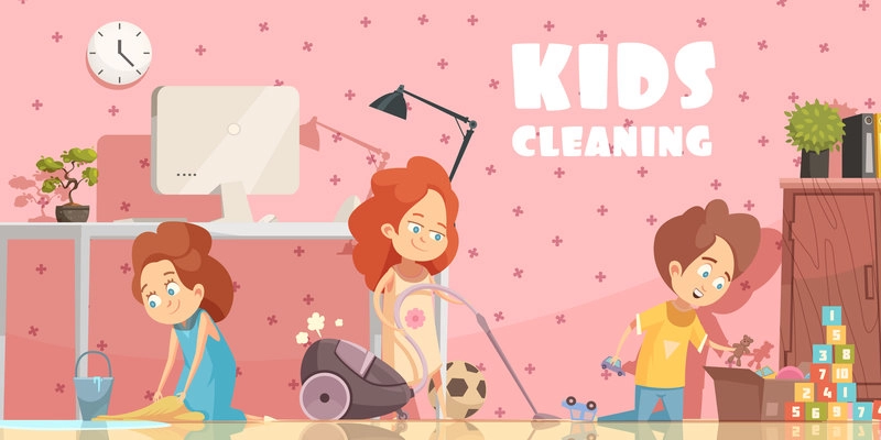 Little children cleaning living room retro cartoon poster with sweeping floor ordening toys and vacuuming vector illustration