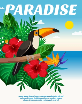 Tropical colored composition with exotic black bird with big beak on branch of a plant vector illustration