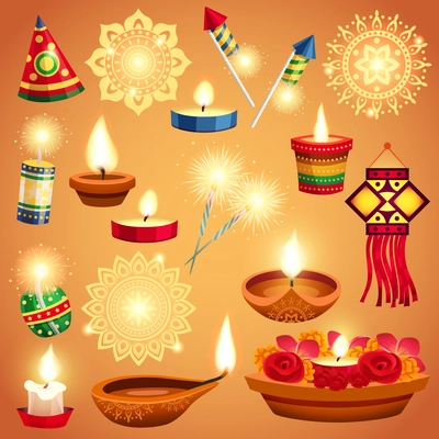 Realistic set of candles fireworks and decorations for diwali holiday isolated vector illustration