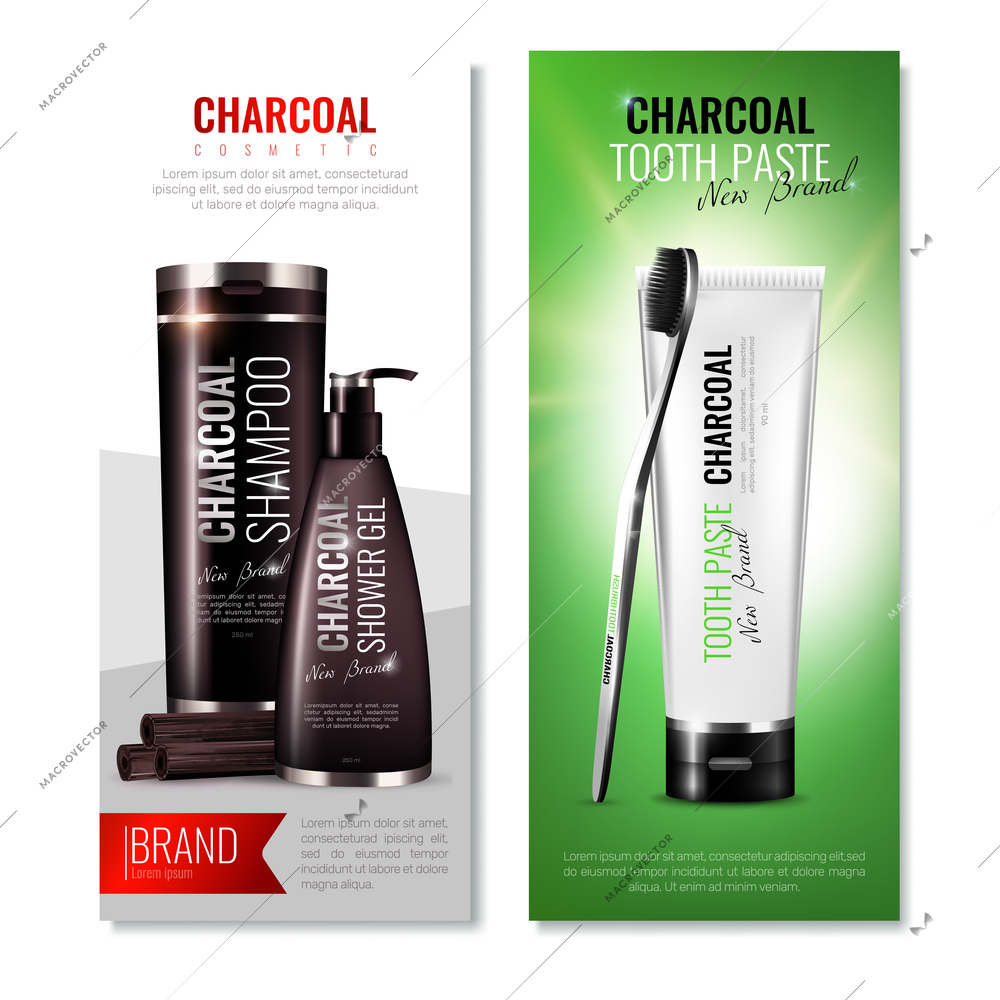 Charcoal cosmetic vertical banners set with branded shower gel and shampoo packages tooth brush and toothpaste vector illustration