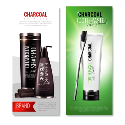 Charcoal cosmetic vertical banners set with branded shower gel and shampoo packages tooth brush and toothpaste vector illustration