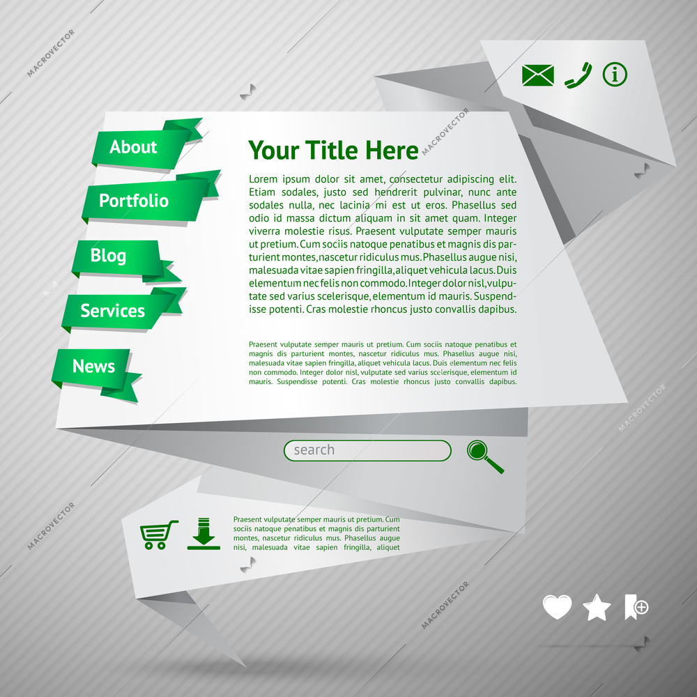 Origami paper website page design template with menu services and buttons vector illustration