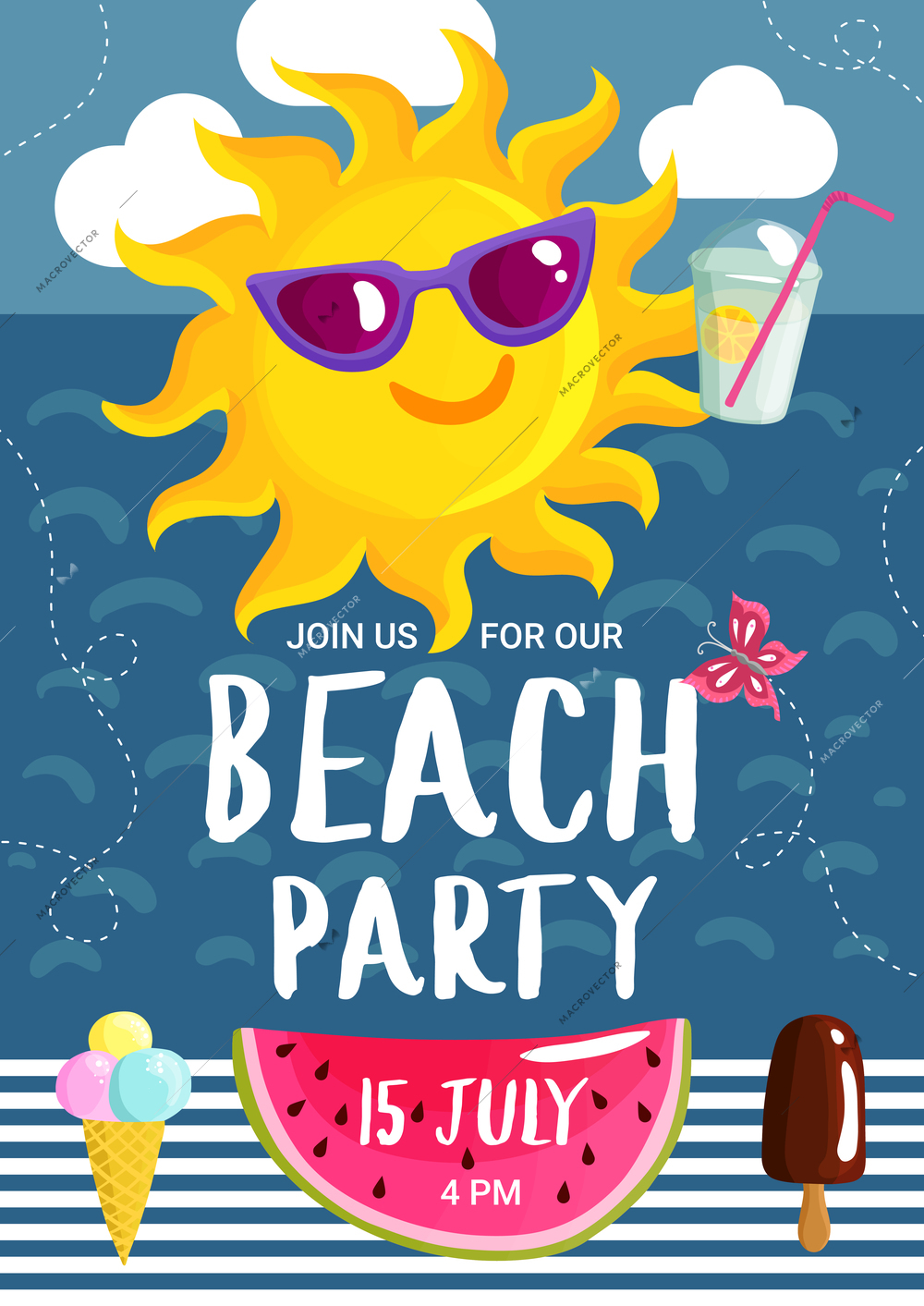 Beach party poster with summer sun in sunglasses with cocktail in sky on sea background vector illustration