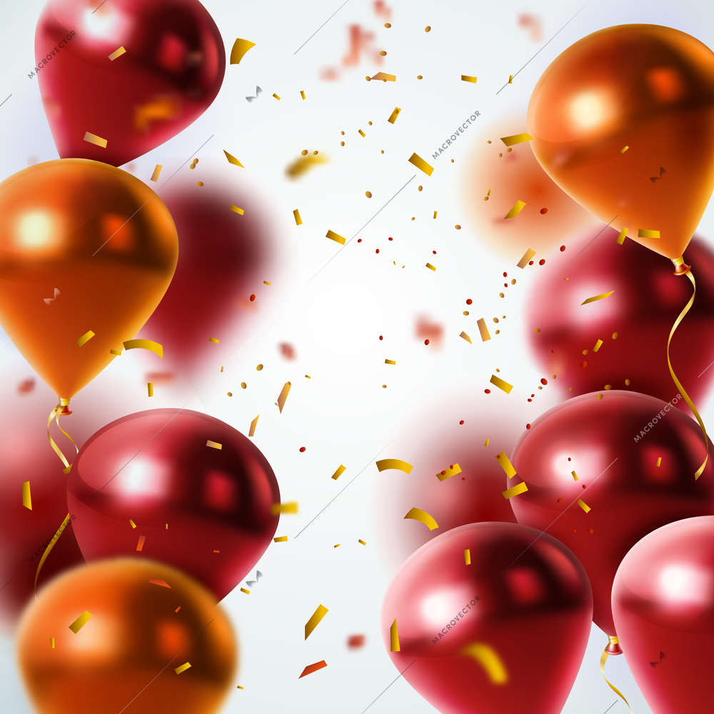 Shiny red and orange balloons and rain from golden confetti on blurred light background vector illustration