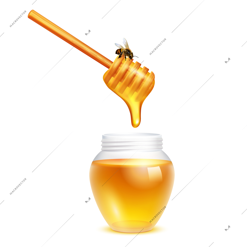 Honey dripping from dipper stick with honeybee in glass jar realistic design concept on white background vector illustration