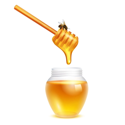 Honey dripping from dipper stick with honeybee in glass jar realistic design concept on white background vector illustration