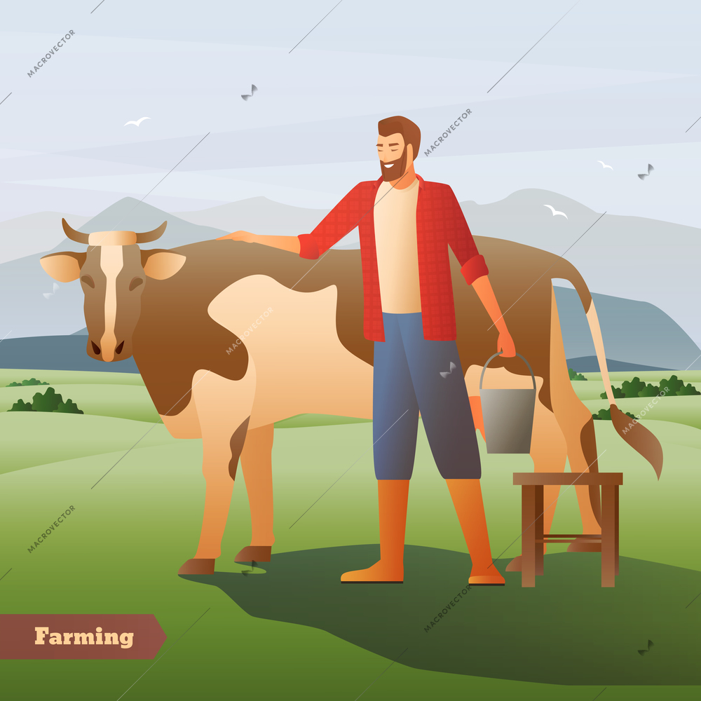 Smiling farmer with bucket near spotted cow on green pasture on mountain background flat composition vector illustration