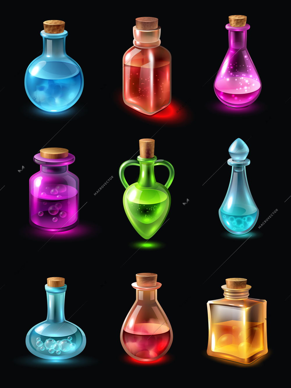 Set of bottles of various shape and color with potion on black background isolated vector illustration