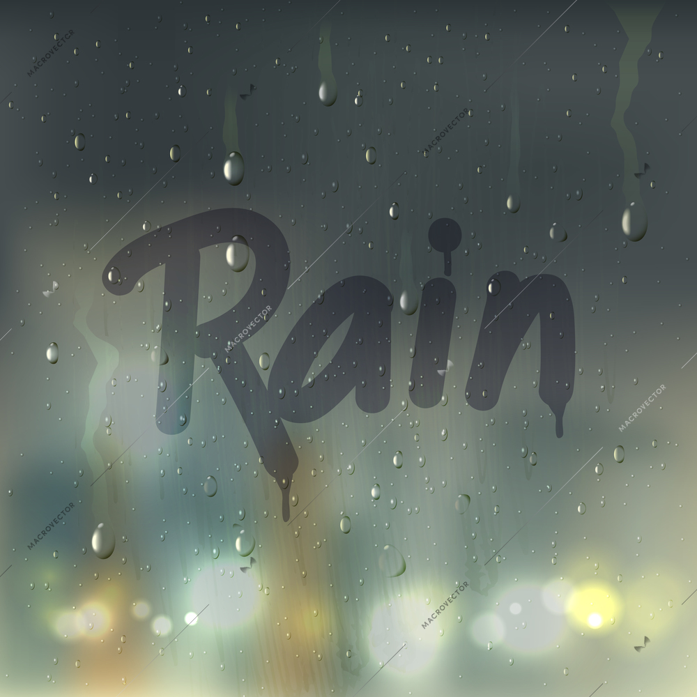 Realistic rain word on misted glass composition with written by finger on window vector illustration