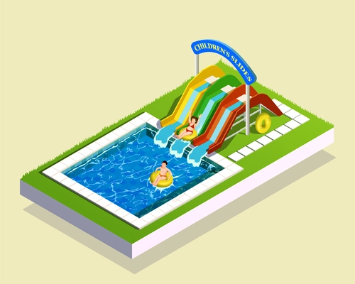 Water park children isometric composition of small waterslides and swimming bath images with kids on tubes vector illustration