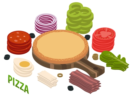 Pizza isometric composition including dough with sesame on cutting board, vegetables, egg, meat, mozzarella, arugula vector illustration