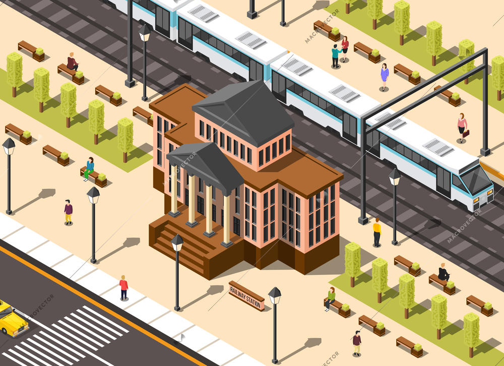 Government building isometric composition of classic architecture railway station and urban environment with high-speed train vector illustration