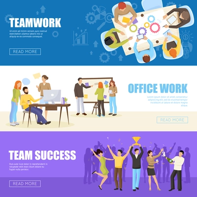 Teamwork horizontal banners set with office work symbols flat isolated vector illustration