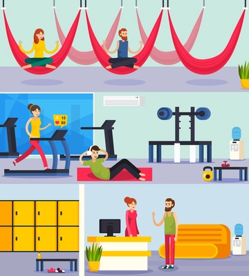 Three flat fitness training people orthogonal composition with yoga classes workout in gym and reception vector illustration