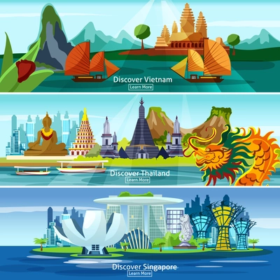 Asian travel banners set with Vietnam, Thailand and Singapore panorama isolated vector illustration