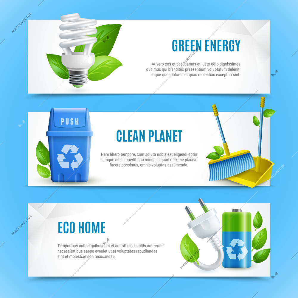 Ecology realistic paper banners with place for text and design compositions on theme green energy clean planet and eco home vector illustration