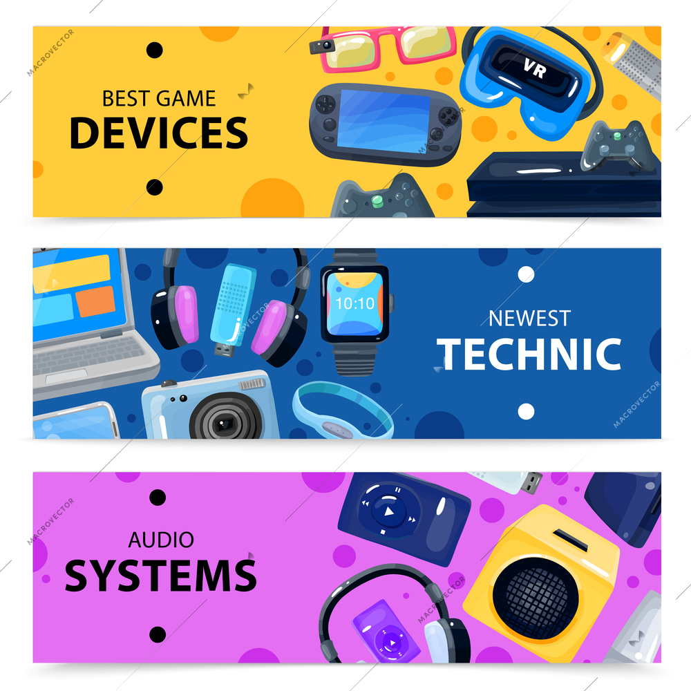 Character geek nerd horizontal banners collection with doodle images of various portable electronic devices and gadgets vector illustration