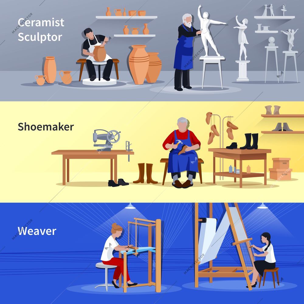 Craftspeople at work 3 flat banners set with sculptor ceramist shoemaker and weaver isolated vector illustration