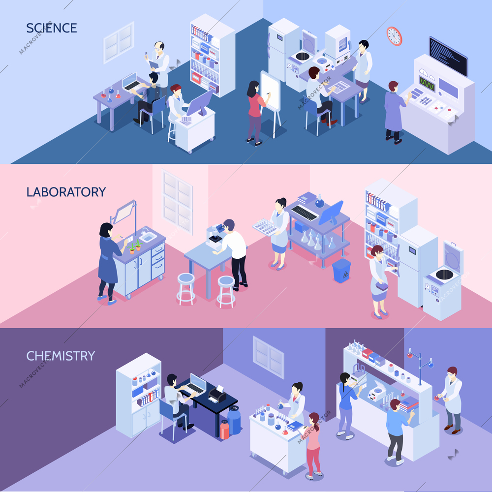 Set of horizontal isometric banners with people in science laboratory, during chemistry experiments isolated vector illustration