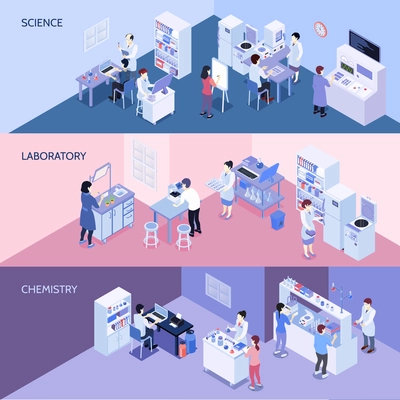 Set of horizontal isometric banners with people in science laboratory, during chemistry experiments isolated vector illustration