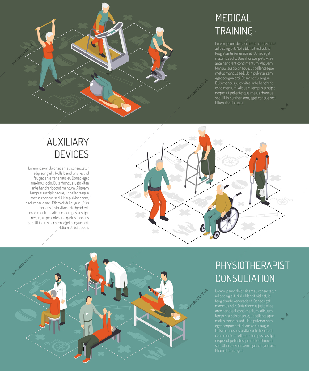 Rehabilitation isometric horizontal banners with medical training auxiliary devices physiotherapist consultation design compositions vector illustration