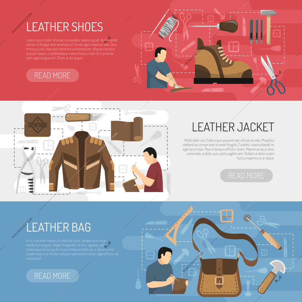 Leather goods horizontal banners with working tools and skinners making clothes  shoes and accessories flat vector illustration