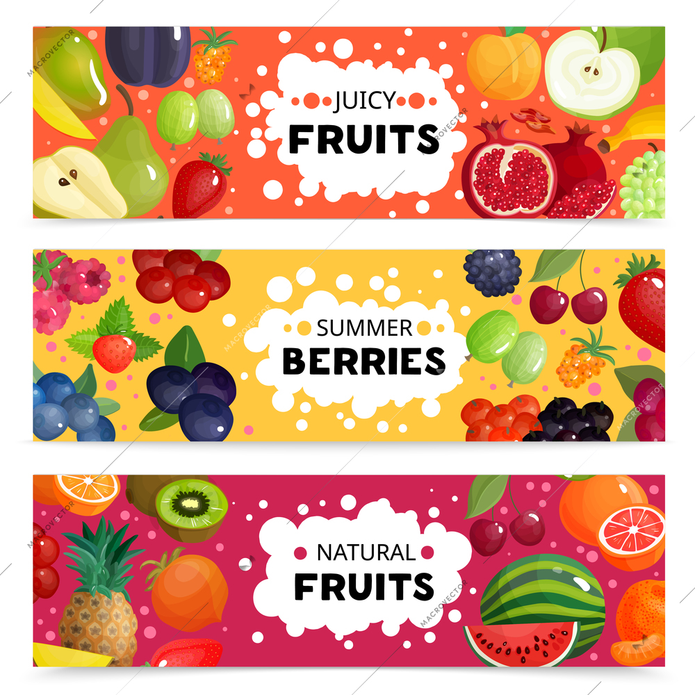 Set of three horizontal berries and fruits banners with colorful images of natural fruit slices with text vector illustration