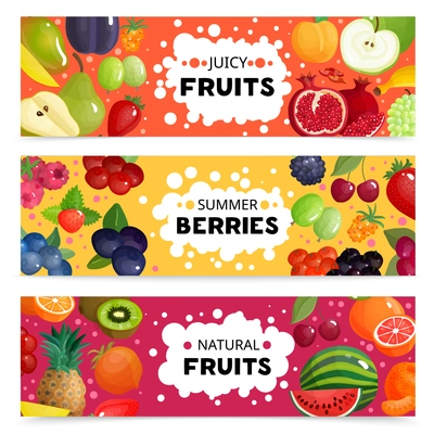 Set of three horizontal berries and fruits banners with colorful images of natural fruit slices with text vector illustration