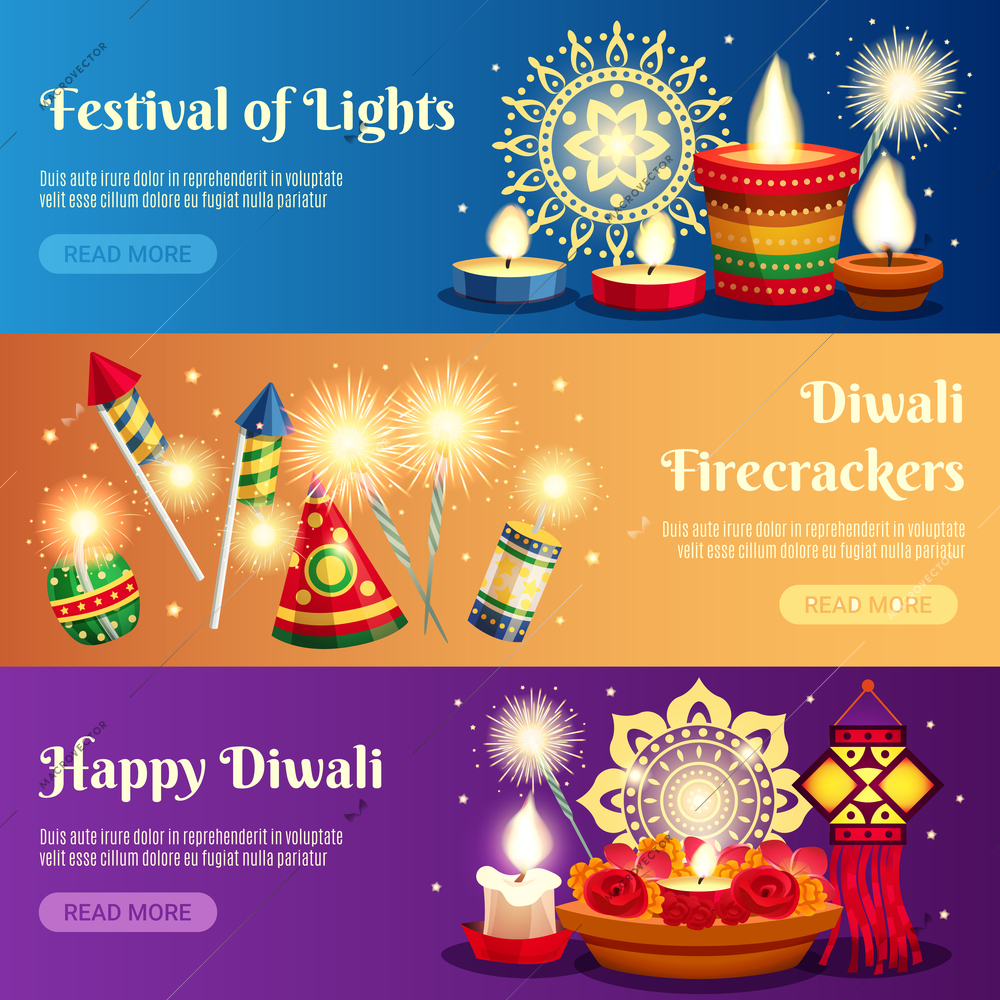 Festival of lights diwali horizontal banners with firecrackers and candles realistic isolated vector illustration