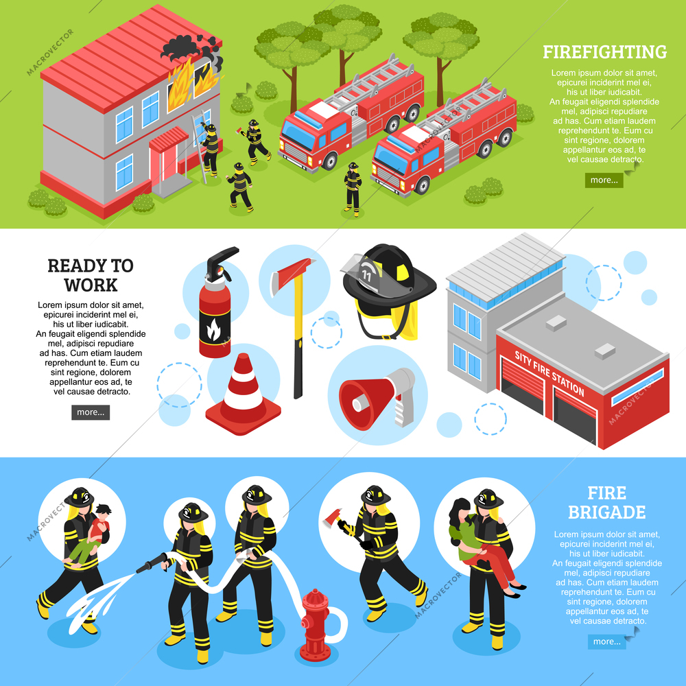 Horizontal isometric banners set with firefighter equipment department station and brigade putting out fire 3d isolated vector illustration