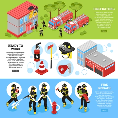 Horizontal isometric banners set with firefighter equipment department station and brigade putting out fire 3d isolated vector illustration