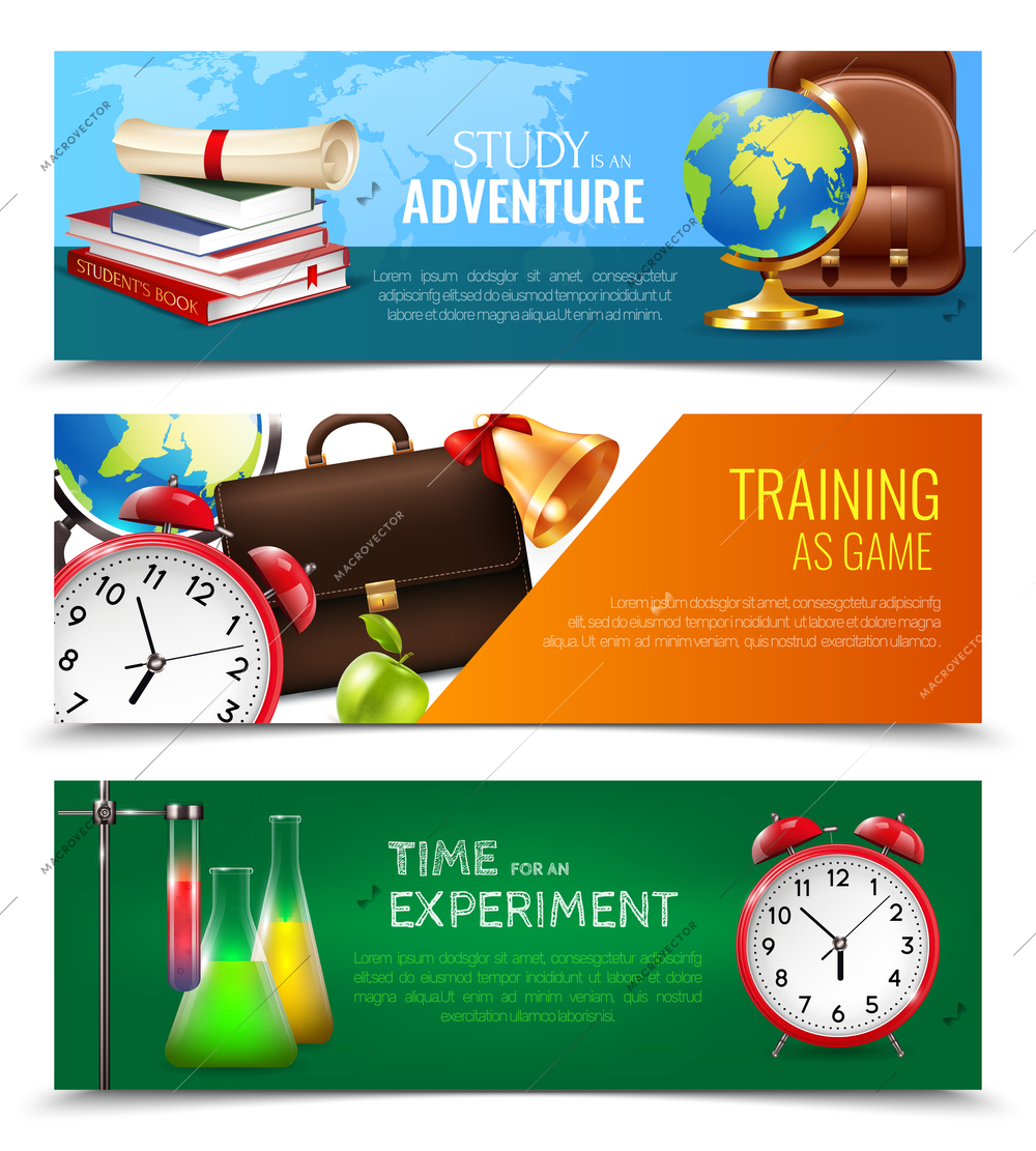 School education set of horizontal banners with books, briefcase and alarm clock, chemical tubes isolated vector illustration