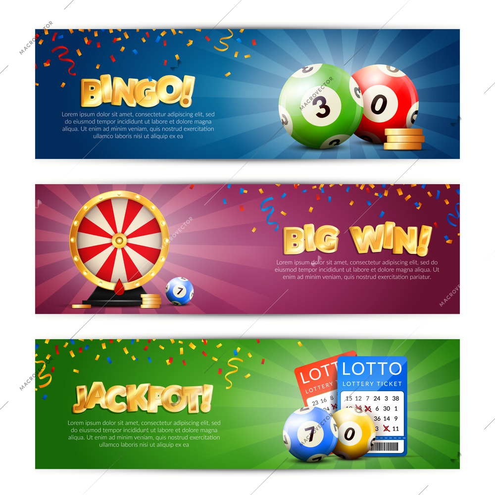 Set of three lottery horizontal banners with bulletin tickets bingo balls drawing machine and editable text vector illustration