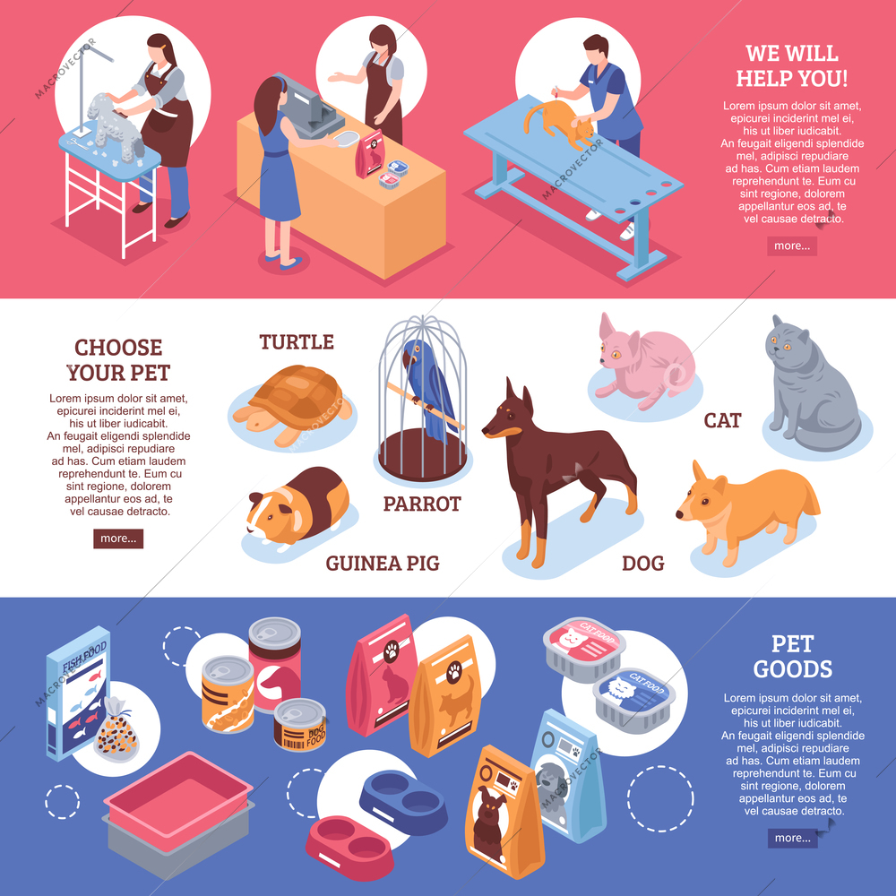 Colored isometric pet shop horizontal banner set with we will help you choose your pet and pet goods vector illustration