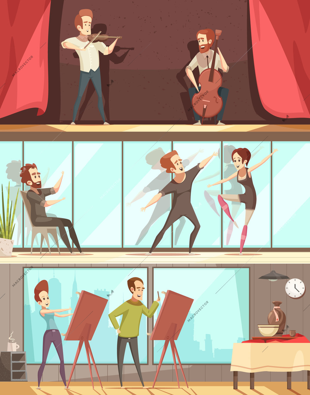 Art professions horizontal banners set with artist and ballet dancer symbols flat isolated vector illustration