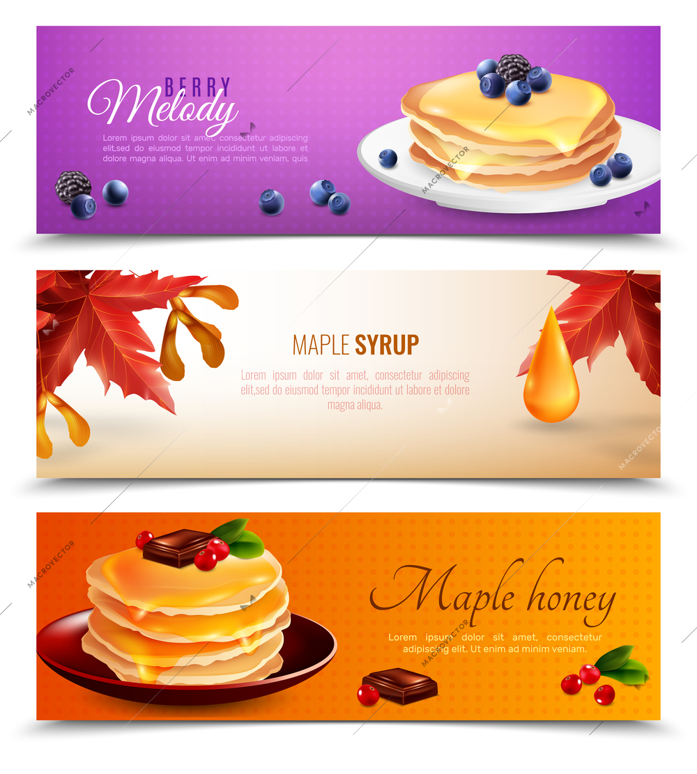 Maple syrup horizontal banners set with pancakes and chocolate cartoon isolated vector illustration