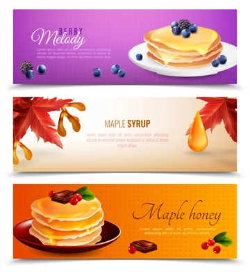 Maple syrup horizontal banners set with pancakes and chocolate cartoon isolated vector illustration