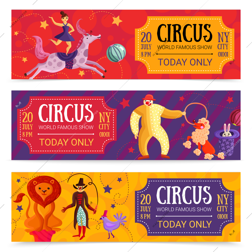 Circus show set of horizontal banners with girl rider, clown, animals on colorful backgrounds isolated vector illustration