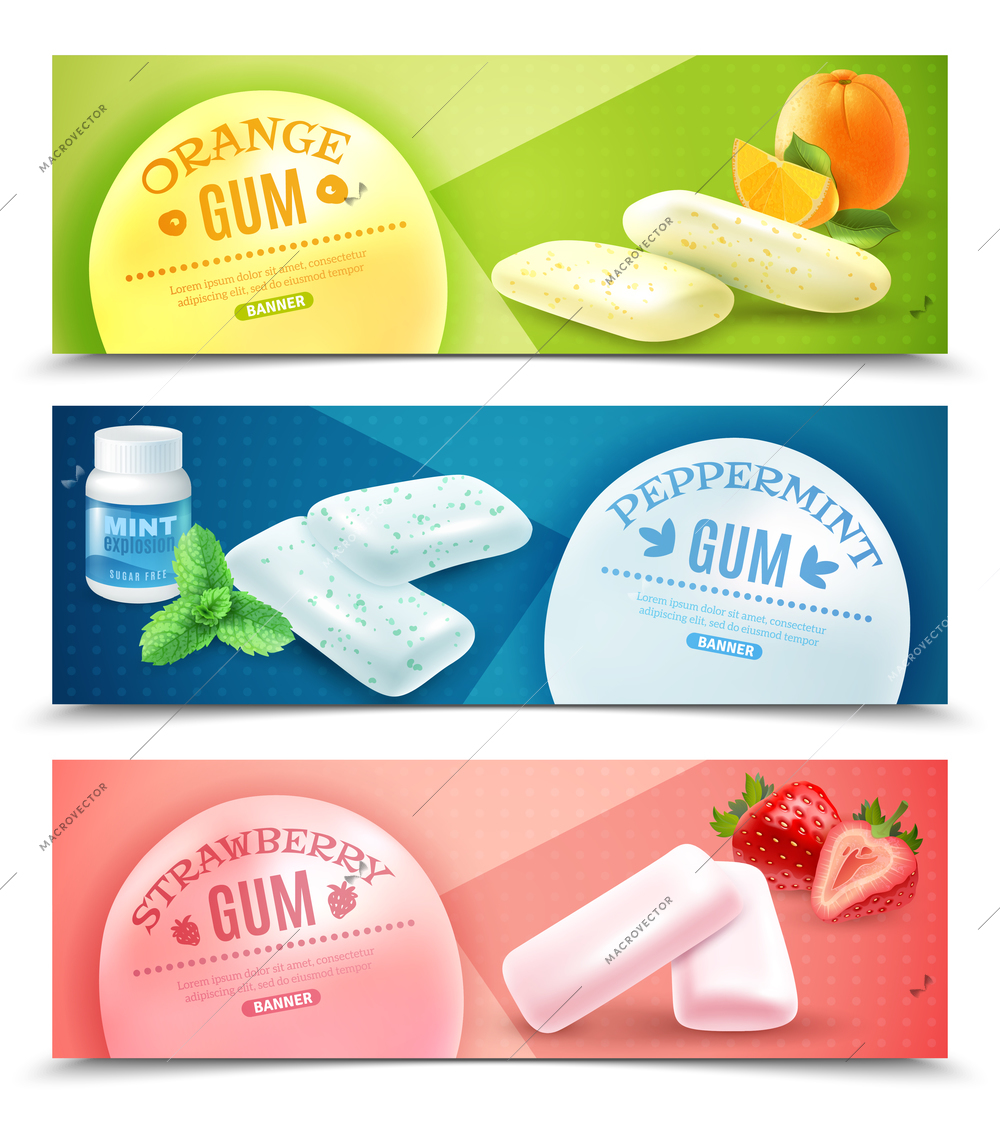 Collection of realistic gum horizontal banners with pieces of bubblegum and images of taste origin vector illustration
