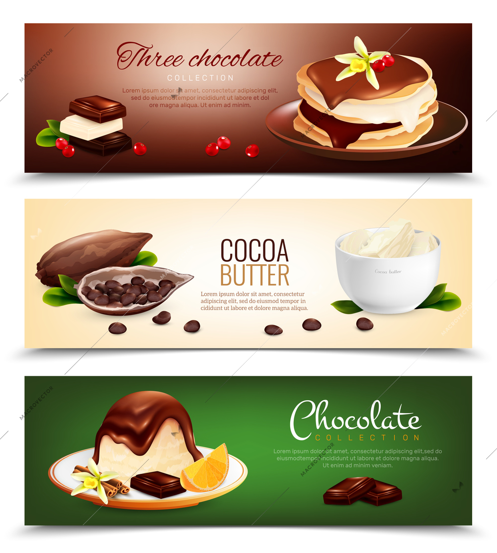 Set of three cocoa products horizontal banners with editable text and images of cakes and cocoa butter vector illustration