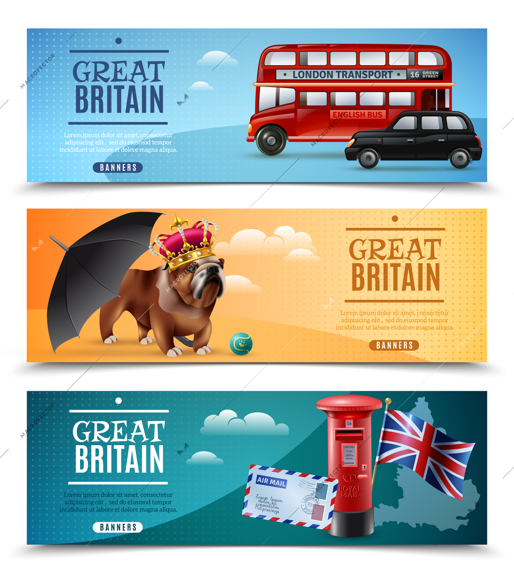 Set of horizontal banners with travel symbols of great britain including umbrella, postbox, bulldog isolated vector illustration