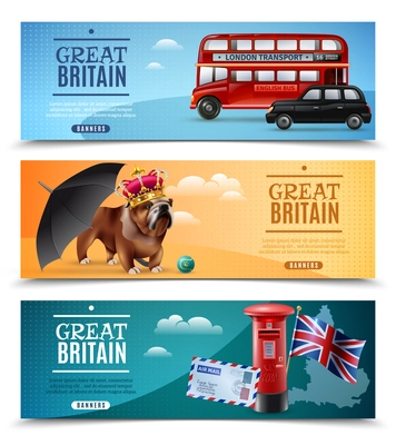 Set of horizontal banners with travel symbols of great britain including umbrella, postbox, bulldog isolated vector illustration