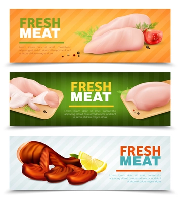 Set of horizontal banners with fresh chicken meat, grilled leg and wings, cutting boards isolated vector illustration