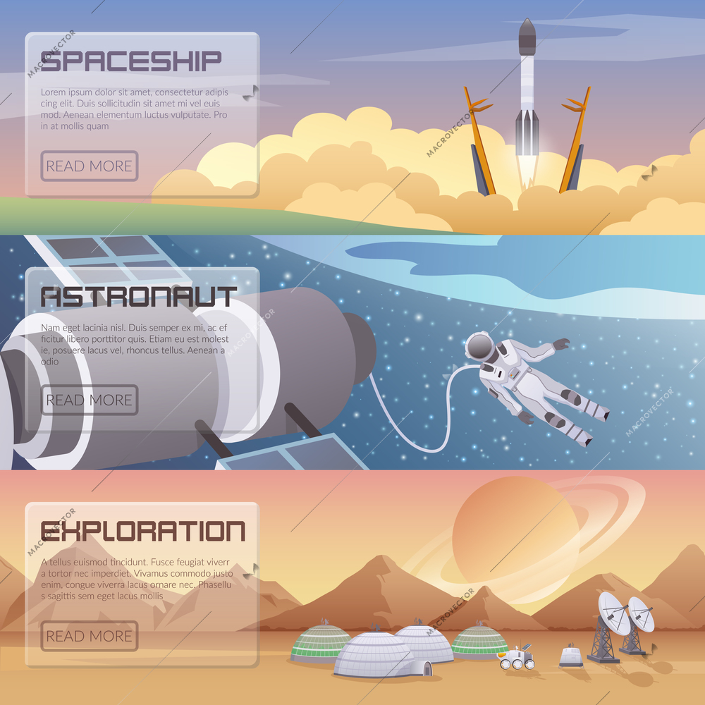 Space discovery horizontal banners with  spaceship start astronaut spacewalk and space exploration decorative compositions  flat vector illustration