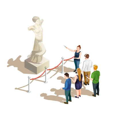 Museum icon isometric composition with publicly displayed antique statue and group of tourists with guide nearby vector illustration