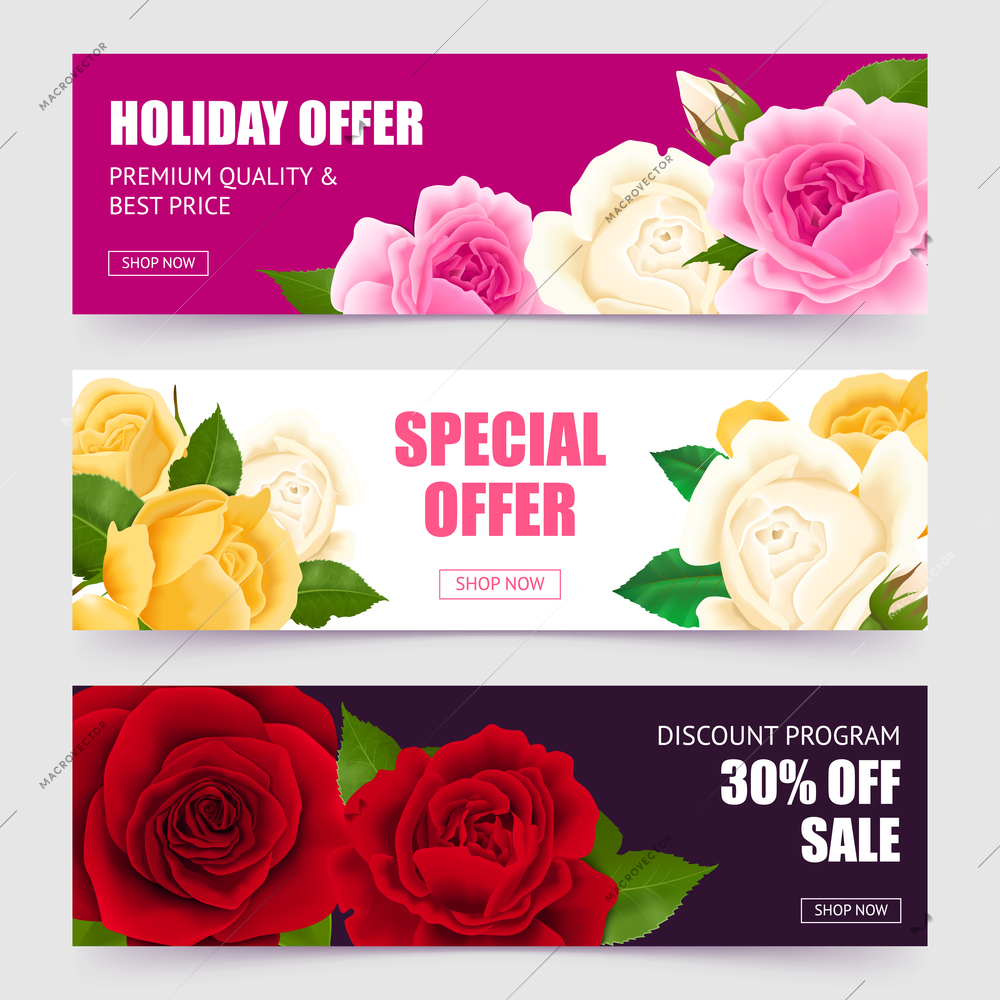 Rose horizontal banners set with special offer symbols realistic isolated vector illustration