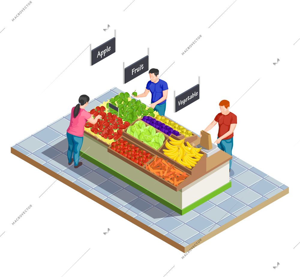 Isometric people shopping composition of supermarket section with fruits and vegetables checkweighing scales and people characters vector illustration